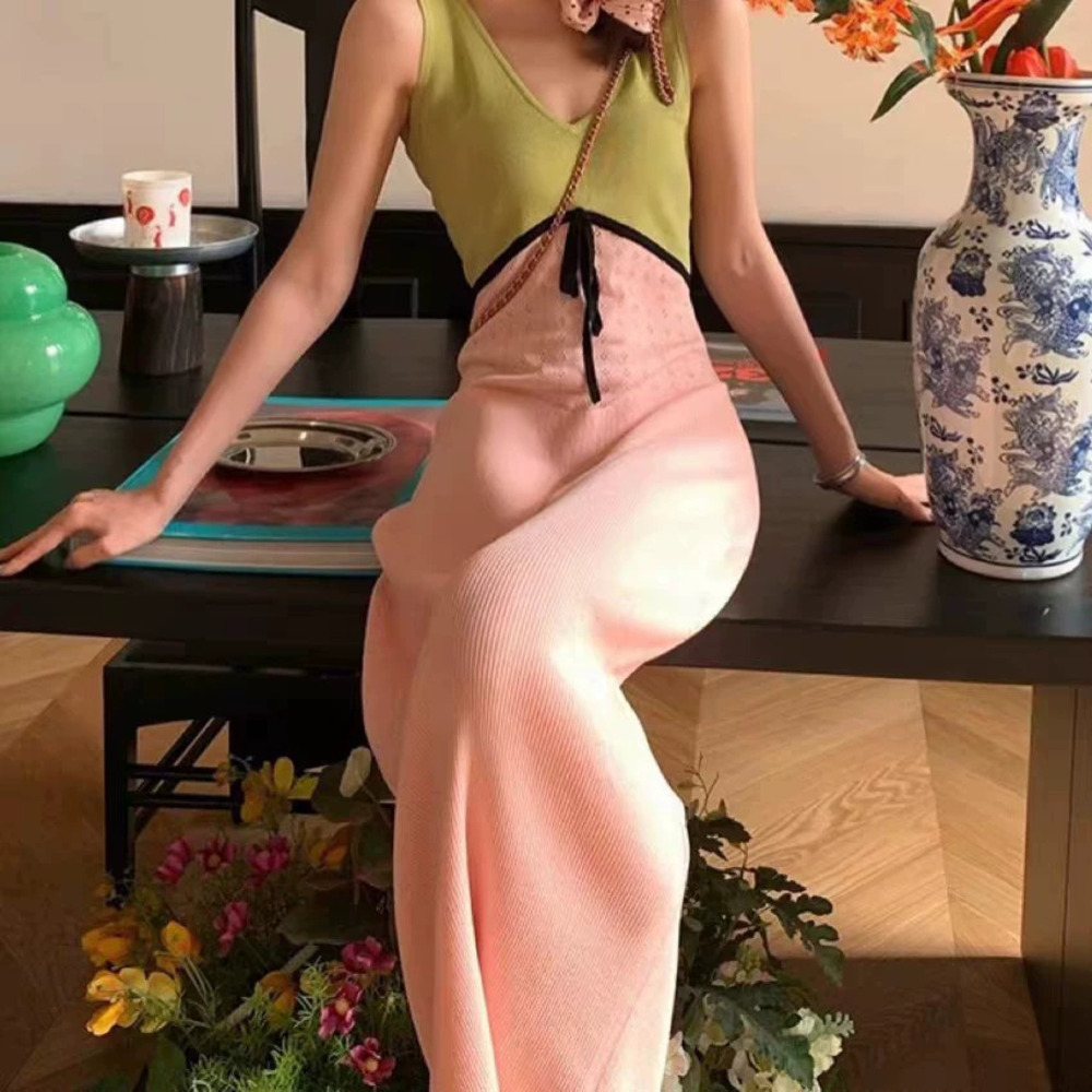 ZARA French Style Patchwork Colorblock V Neck Summer Tank Dress Slim Sexy